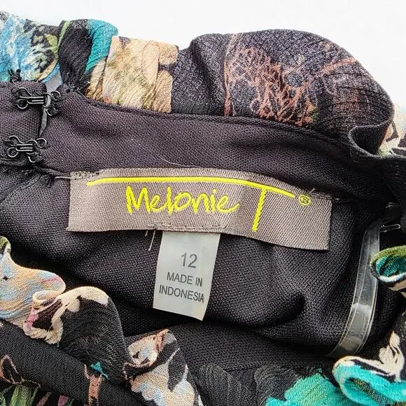 Melonie T Dress Sz 12 Black Floral Chiffon Ruffle Neck Cottage Whimsigoth Fairy - Picture 10 of 14
